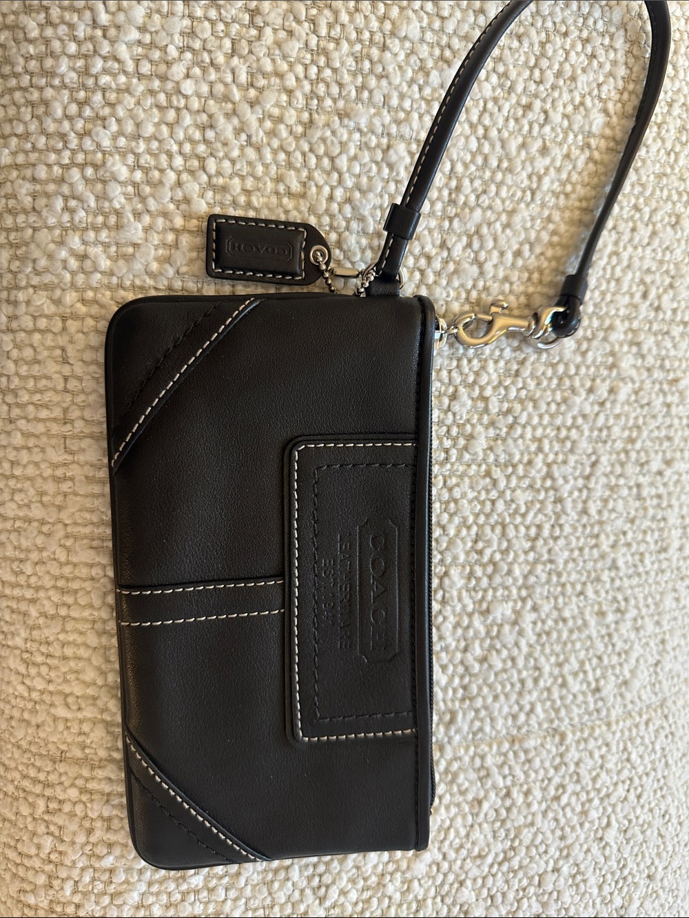 Coach Black Leather Wristlet with White Stitching and Detachable Strap